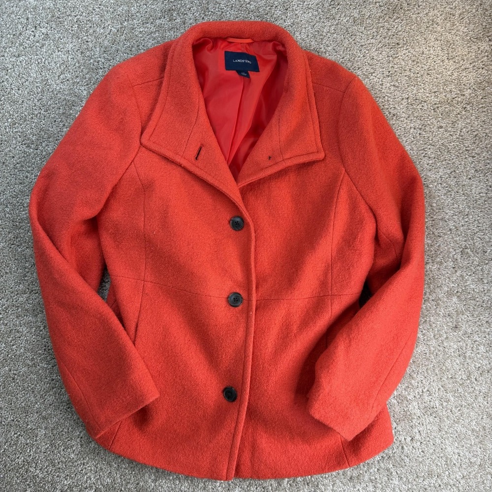 Lands' End Coat Womens 14 Red Wool Single Breasted Mid Length Lined Pockets